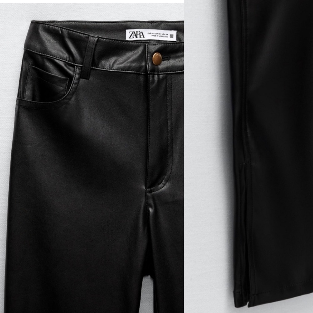 Zara Black Faux Leather Straight Leg Parted Ankle Pants - Picture 3 of 13